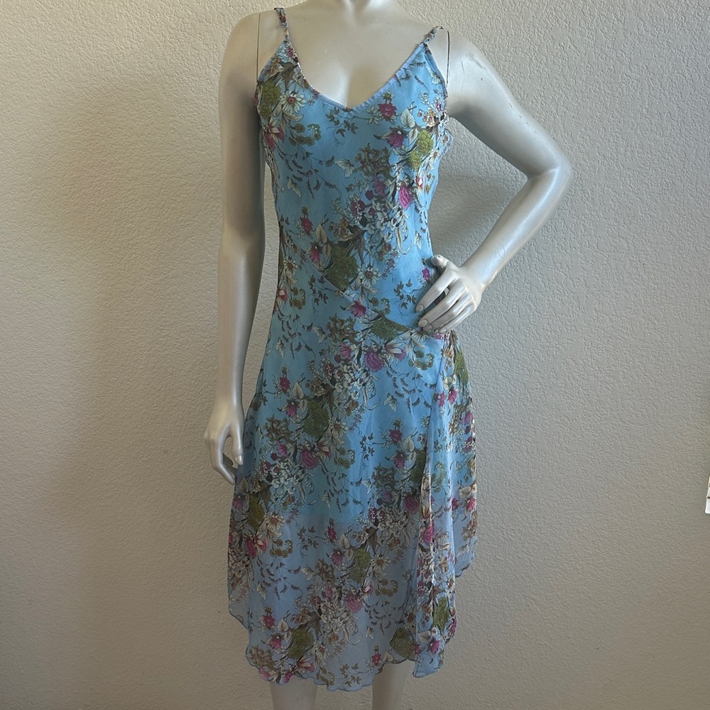 Vintage 90s Y2K Romy Blue Floral Romantic Asymmetrical Slip Dress